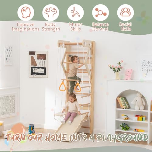 6-in-1 Swedish Ladder Wall Gym, Indoor Kids Playground with Swing, Rope Ladder, Pull-Up Bar, Slide, Gymnastic Rings, Wooden Wall Mounted Indoor Play Set for Kids & Adults (Style A)