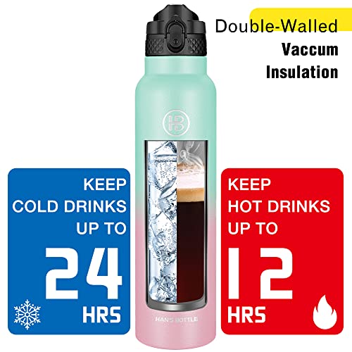 Han's Bottle Sports Water Bottle - 32 Oz, Straw Lid, Leak Proof, Vacuum Insulated Stainless Steel, Double Walled, Thermo Mug,Bubble Gum - color: Bubble Gum, size: 32 Ounces