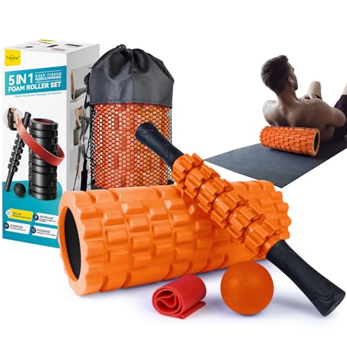 Krightlink 5 in 1 Foam Roller Set for Deep Tissue Muscle Massage, Trigger Point Fitness Exercise Foam Roller, Massage Roller, Massage Ball, Stretching Strap, for Whole Body (Orange Black) - color: Orange Black
