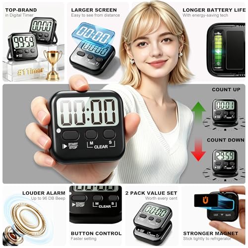 Antonki 2 Pack Digital Timer for Kids, Magnetic Countdown Kitchen Timers for Cooking, Egg, Classroom, Teacher, Exercise, Study, Oven - Battery Included - color: Rich Black *2