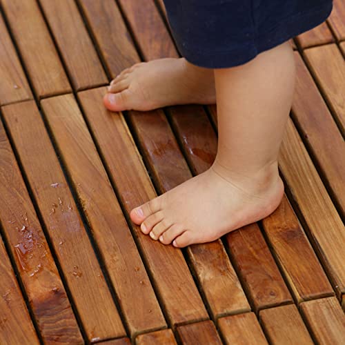 Bare Decor EZ-Floor Interlocking Flooring Tiles in Solid Teak Wood Oiled Finish (Set of 10), Long 9 Slat - size: 10 Tiles (10 sq ft)