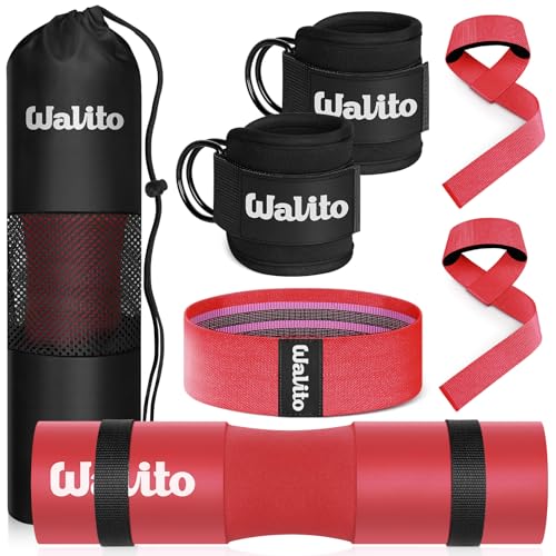 WALITO 8Pcs Barbell Pad Set for Hip Thrust - Squat Pad,Gym Accessories for Women with Bar Bad,Bench Press, with Gym Ankle Straps,Resistance Bands for Working Out,Lifting Strap,Carry Bag - color: Red