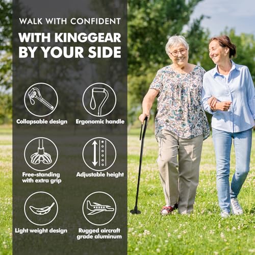 KINGGEAR Self Standing Walking Cane Quad Base for Seniors | Folds 1.1lb, 6 heights 31-36", offset EVA grip, wrist strap, all-terrain quiet base, for women men recovery - color: Black