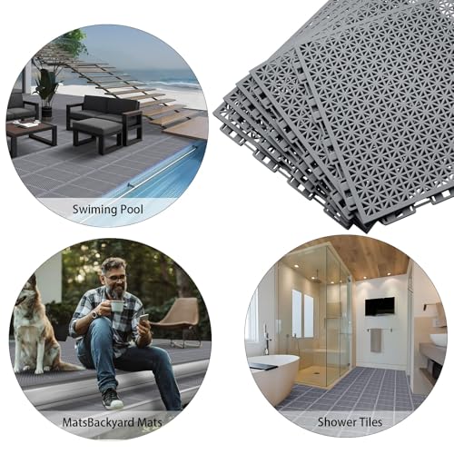 50 PCS Modular Interlocking Cushion Interlocking Floor Tiles with Hole Drainage Mat 10" x 10" Non Slip Pool Deck Mat Outdoor for Drain Deck Pool Patio Shower Kitchen Balcony (Grey) - color: Grey