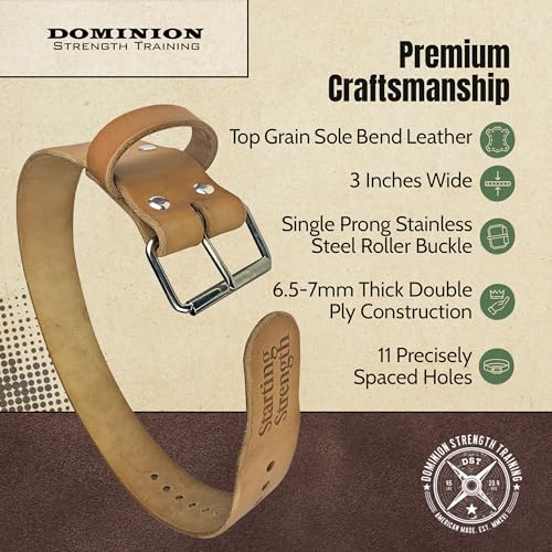 Leather Weight Lifting Belt - Hand Crafted In USA – Starting Strength - Powerlifting Support - Single Ply - 3-Inch Wide, 6mm Thick - Stainless Steel Roller Buckle - size: XS, 20-30" Waist size not pants size