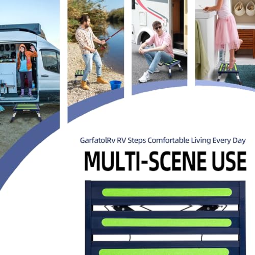 Aluminum RV Steps, 4-Level Adjustable Folding Step Stool with Non-Slip Rubber Feet, Non-Slip Fluorescent Strip Platform Rv Accessories - Blue - color: Blue