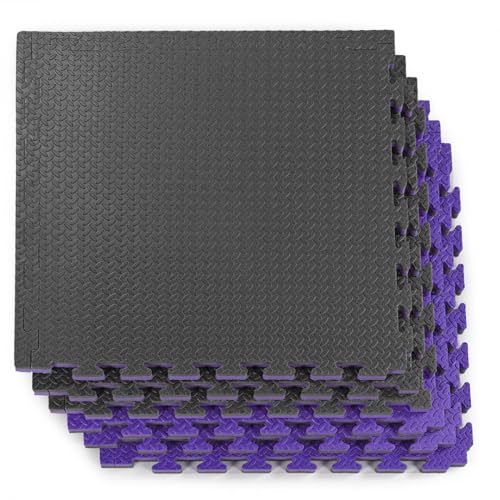 Xspec 1" Extra Thick 48 sq ft Reversible EVA Gym Foam Floor Mat Tiles (24" x 24"), Steel Pattern, 12 pcs, Black/Purple - color: Black/Purple