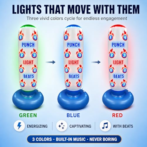 Punching Bag for Kids with Color-Changing LED Lights, Built-in Music & 8 Targets, Inflatable Boxing Set Ages 3-12 with Boxing Gloves & Pump (Batteries Not Included), Sand/Water Fill Base Birthday Gift