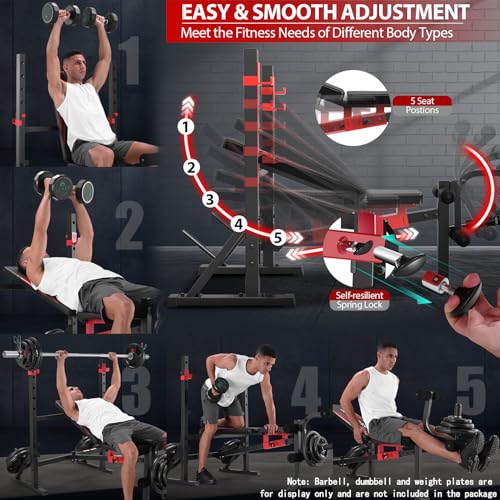 OPPSDECOR Standard Weight Bench Set with Squat Rack, 900LBS Adjustable Bench Press Set with Leg Extension and Leg Curl, Foldable Flat Incline Decline Workout Bench for Home Gym Full Body Training - color: Scarlet
