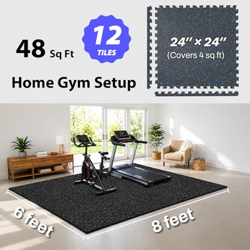 AIRHOP 1'' Ultra-Thick 48 Sq Ft Rubber Top Gym Flooring for Home Gym | 12 Tiles, High Density EVA Foam, Waterproof & Non-Slip Rubber, Interlocking Puzzle Mats, Heavy Duty Floor Protection, 24"x24" - color: Black/Blue, size: 48 Sq Ft (12 Tiles)
