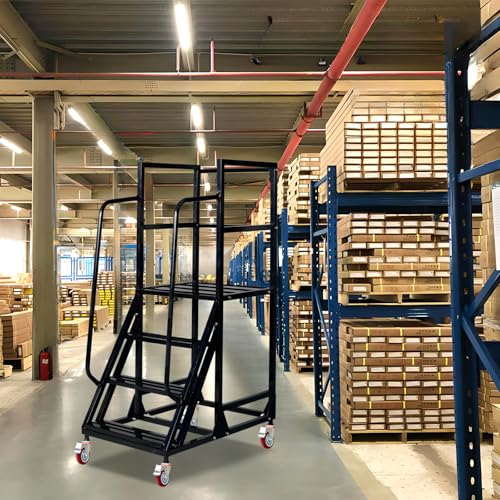 4 Step Rolling Ladder with Handrails, 1100 lbs Capacity Heavy Duty Mobile Warehouse Ladder with Wheels, Industrial Steel Non-Slip Rolling Stairs with Large Platform, for Garage Stockroom Library - color: Black, size: 4 Step