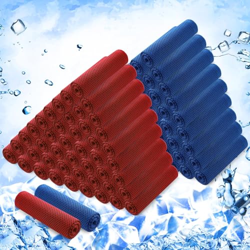 Hosuly 100 Pack Cooling Towels, 40"x12" Cooling Towels for Neck and Face Breathable Soft Chilly Sweat Rag Microfiber Sport Rags for Gym Yoga Golf Running - color: Deep Blue, Red