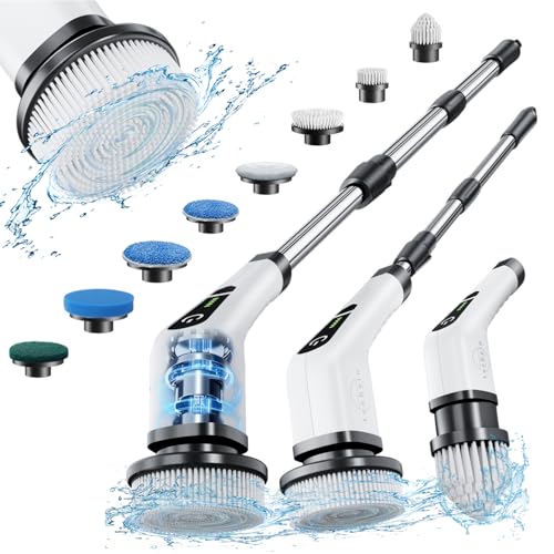 Leebein Electric Spin Scrubber, Cordless Cleaning Brush with 8 Replaceable Brush Heads, Tub and Floor Tile 360 Power Scrubber Dual Speed with Adjustable & Detachable Handle for Bathroom Kitchen Car - color: White