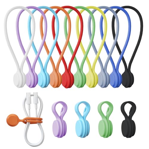 Tounee Reusable Silicone Magnetic Cable Ties - 2 Sizes Combo (4pcs 2.95'' + 10pcs 7.68'') - Multi-Purpose for Cable Bundling, Organizing, Bookmarks & Fridge Magnets - Assorted Colors, 14-Pack