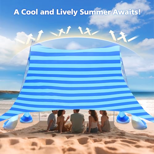 2PM SPORTS Beach Tent Sun Shelter 10x10 FT - UPF 50+ UV Protection, 8 Sandbags, Easy Setup, Portable Beach Shade Canopy for Family Picnic Camping Travel - color: Striped blue