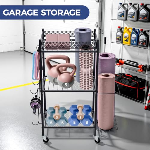 Yoga Mat Storage Rack, Home Gym Essentials Foam Roller Yoga Blocks Dumbbells Kettlebells Resistance Bands Workout Exercise Organizer Equipment Sports Fitness Gear Garage Organization Racks