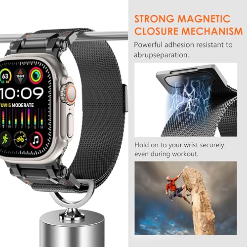WINGLE Milanese Loop for Apple Watch Band Ultra 3/2/1 Band Ultra 49mm Series 11 10 46mm 45mm 44mm SE 3/2/1 Series 9 8 7 6 5 4 3 Men Women,Parachute-Style Buckle Stainless Steel Mesh Metal iWatch Bands - color: Magnetic Metal Mesh Loop-Black