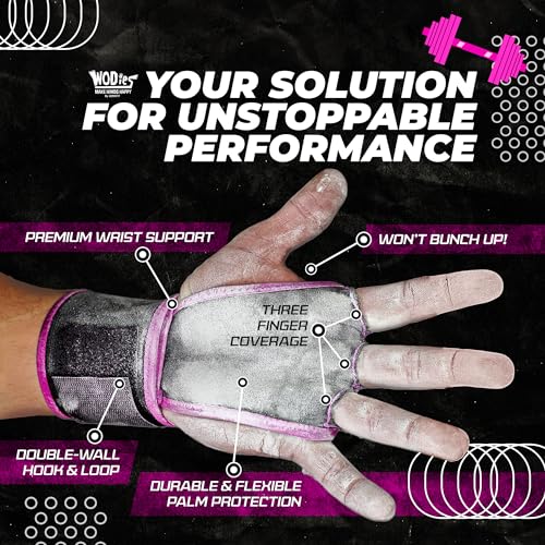 JerkFit WODies Gymnastics & Weightlifting Grips with Wrist Wraps – 3 Hole Versatile Gym Gloves for Pull Ups, Gym Training & Cross Training – Hand Grips Palm Protector for Men & Women - color: Pink, size: Small 3”- 3.5”