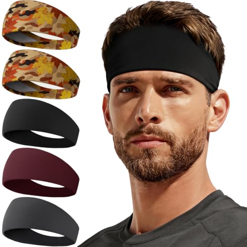 Sweat Band, 5 Pack Headband Moisture Wicking for Running Sports | Workout Sweatband, Unisex Fit, Non-Slip, Skin-Friendly, Multi-Use, Perfect for Exercise, Lightweight - color: 2 Maple Camo+Black+Burgundy+Dark Gray