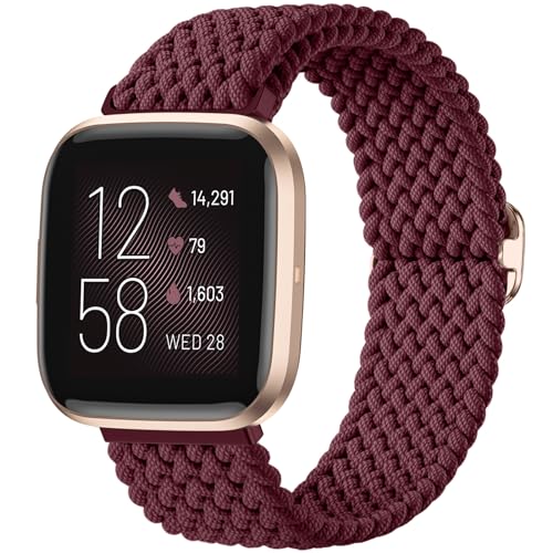 Maledan Elastic Bands Compatible with Fitbit Versa 2 and Fitbit Versa Women Men, Soft Braided Bracelet Replacement Band for Fitbit Versa 2/ Versa Lite/Versa SE/Versa Smartwatch Strap Accessory, Red - color: 9-Wine Red