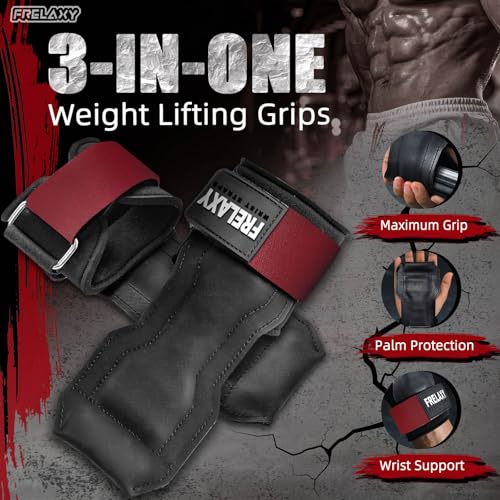 Frelaxy Lifting Wrist Straps, Rubber Weight Lifting Grips for Deadlifts | Non-slip rubber palm, Full palm protection, Neoprene wrist padding, Enhanced grip support, Pull ups rows lat pulldowns - color: Red