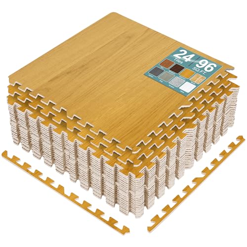 Sorbus 96 Sq. Ft. Wood Grain Floor Tiles Foam Mat EVA Interlocking Mats Tile 3/8-Inch Thick Flooring Wood Puzzle Exercise Mats w/Borders - Home Playroom Basement, Apartment, Trade Show, Baby, Dance - color: Light Grain, size: 24 Pack