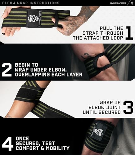 Gymreapers Weightlifting Elbow Wraps (1 Pair) - Flexible 40'' Elbow Compression Strap & Joint Support Brace - for Bench Press, Powerlifting, and Pressing - color: Green