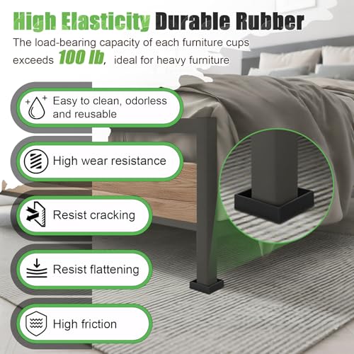 xxxHOLIC Heavy Duty Non Slip Furniture Pads, 2" x 2" Black Square Rubber Furniture Cups (Set of 4), No Adhesive Furniture Stoppers for Hardwood Floors, Couch & Bed Anti Slide Floor Protectors - color: Black, size: 2"*2"Square