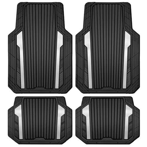 CAR PASS Heavy Duty Rubber Car Mats Metallic, Aluminum Film All Weather Floor Mats Waterproof Universal Trim to Fit for SUV Sedan Van 4 Piece Deep Dish Two-Tone Sporty Black Silver Chrome - color: Black and Silver