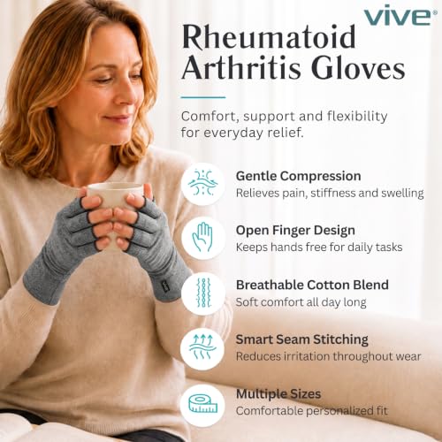 Vive Arthritis Gloves - Men, Women Rheumatoid Compression Hand Glove | Osteoarthritis- Arthritic Joint Pain Relief - Carpal Tunnel Wrist Support - Open Finger, Fingerless Thumb for Computer Typing - color: Grey, size: X-Small