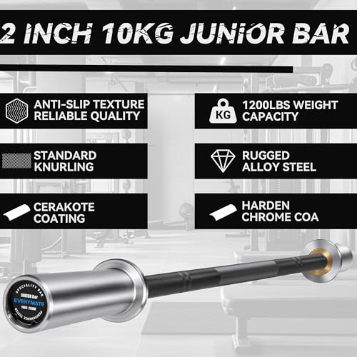 EVERYMATE 5LB Mini Barbell Bar Beginner Women Kid Barbell Total Body Workout Weighted Bar,for Strength Training, for Youth Children New Weightlifting - color: Sliver Sleeves Black Bar, size: 10KG Junior Barbell