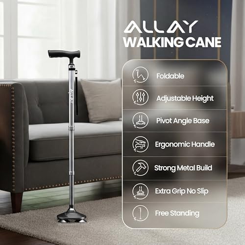 Allay Walking Canes for Men & Women - Adjustable Canes for Women for Stability, Self Standing Wide Quad Pivot Base, Light Weight, Soft Handle Grip and Travel Bag, Walking Sticks for Seniors - color: Silver