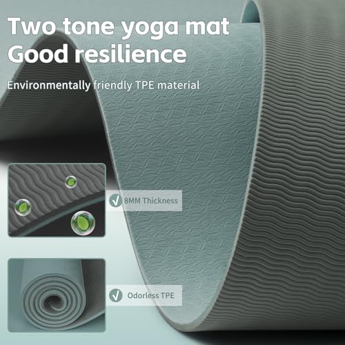 PAIDU Yoga Mat 8mm TPE Non‑Slip Fitness Mat with Strap for Home Workouts | SGS Certified, Odorless, Tear‑Resistant, Unisex, for Yoga, Pilates, Meditation, Home & Gym Workouts - color: Deepgreen&Gray