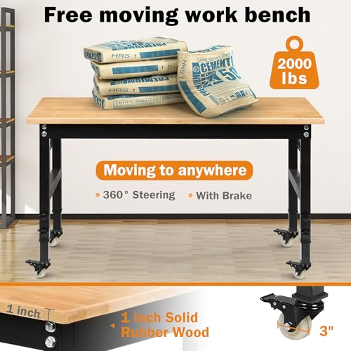 Betterhood 60" Adjustable Workbench on Wheels, Rubber Wood Heavy Duty Workstation with Power Outlets & Pegboard, 2000LBS Load Capacity Hardwood Worktable for Workshop, Garage, Office, Home, Commercial - size: Metal Wheels/Power Outlets/2Pegboard/60"x24"x3