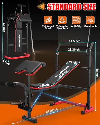 OPPSDECOR 6 in 1 Weight Bench Set with Leg Extension and Leg Curl, 660 LBS Adjustable Bench Press Set with Preacher Curl Pad, Foldable Workout Bench for Home Gym, Strength Training for Teens/Adults - color: Scarlet
