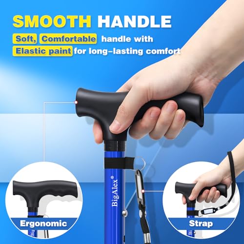 BigAlex Folding Walking Cane for Elderly Adjustable & Portable Walking Stick for Seniors,Pivoting Quad Base,Lightweight,Collapsible with Carrying Bag for Men/Woman - color: Blue(4'9"-5'6")