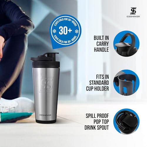 Ice Shaker Insulated Stainless Steel Shaker Bottle | 26oz, Stainless Steel | Cold for 30+ Hours | Insulated Cup with Twist-on Agitator | Odor-Free Bottle for Protein Shakes, Water, Cocktails - color: SS