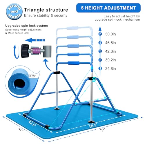 Tepemccu Gymnastics Bars, Adjustable Gymnastic Horizontal Bars for Kids | 5-Height Adjustable 34.8"-50.8", Foldable for Home Training, Include Children Gymnastics Rings and Bar Pad, Indoor Outdoor - color: Blue with mat