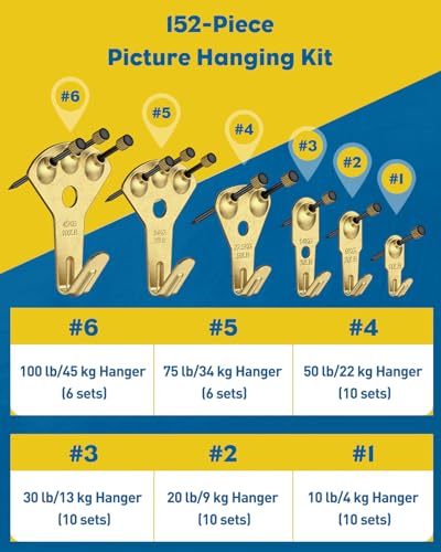 Uniclife 152 Pcs Heavy Duty Picture Hanging Kit, Picture Hanging Hooks,Gold | Picture hangers,10-100 lb weight ratings, for drywall & wood, frame hooks for hanging photos mirrors paintings - size: 152 PCS, style: Gold