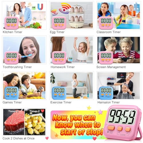 Antonki 2 Pack Digital Timer for Kids, Magnetic Countdown Kitchen Timers for Cooking, Egg, Classroom, Teacher, Exercise, Study, Oven - Battery Included - color: 2 * Dreamy Pink + Blue ( 95%+select for Boy & Girl )