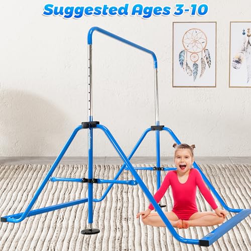 Folding Gymnastics Bar with Rings, Foldable Kip Bar with Sturdier Base, Training Bar for Kids Ages 3-10, Horizontal Bar, Home Gym Equipment for Boy Girl - color: Blue, style: Foldable Bar