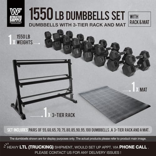 WF Athletic Supply Rubber Encased Hex Dumbbells with Rubber Grip Contoured Handle for Muscle Toning, Strength Building & Full Body Workout - color: z. 1550LB (55LB - 100LB) Dumbbell Set w/ 3-Tier Rack and Mat