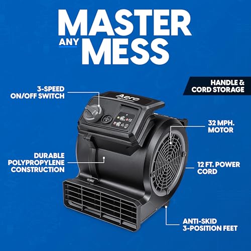 Vacmaster AM201R 3 Speed Floor Fan, 156W 550 CFM Air Mover, Utility Blower Fan, Carpet Dryer for Drying, Cooling & Circulation - color: Black