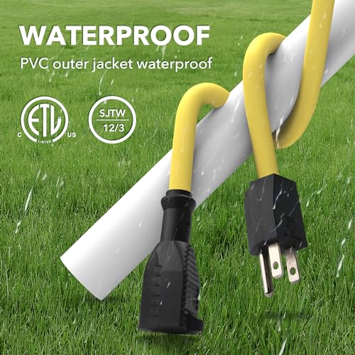 BN-LINK 15ft Outdoor Extension Cord, 12/3 SJTW Heavy Duty Power Cord, 3-Prong Grounded Plug, Weather Resistant, 15A, 1875W, Yellow, for Lawn, Garden, Appliances, ETL Listed - color: Yellow, size: 15FT