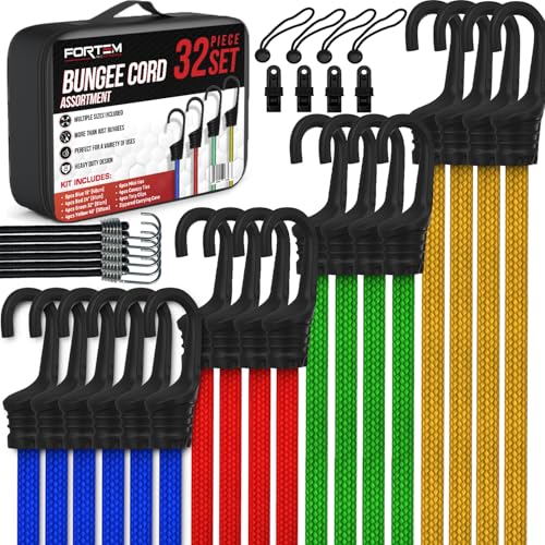 FORTEM Bungee Cord Assortment, 32pk Bungee Cords Multi Pack, Includes 10", 18", 24", 32", 40" Bungees and 8" Canopy/Tarp Ball Ties, Plastic Coated Metal Hooks - size: Pack of 32 Standard (10", 18", 24", 32", 40")