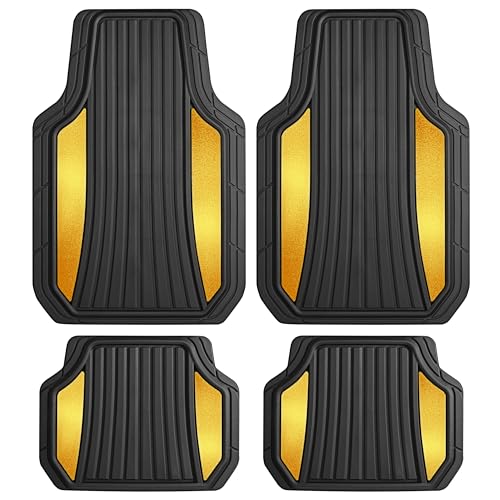 Motor Trend ChromeTech Car Floor Mats Full Set - Durable Rubber Floor Mats for Cars with Two Tone Accent, All Weather Interior Protection for Front and Rear with Non-Slip Backing, Black/Gold - color: Black & Gold