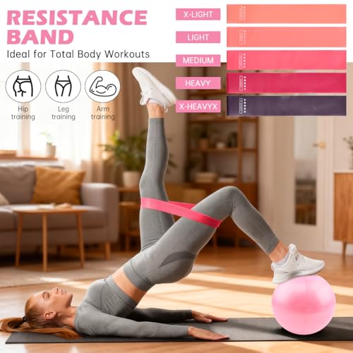 Pilates Essentials Kit for Women, 14 Pcs Home Workout Equipment with Pilates Circle Ball Ring Set Resistance Bands and Anti Slip Sock, Yoga Pilate Essentials Accessories - color: Pink