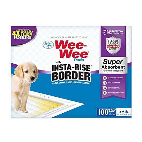 Four Paws Wee-Wee Super Absorbent Unscented Pee Pads for Dogs & Puppies with Insta-Rise Border, Leak-Proof Dog Housebreaking Potty Training Floor Protection, 22" x 23", 100 Count - size: 100 Count