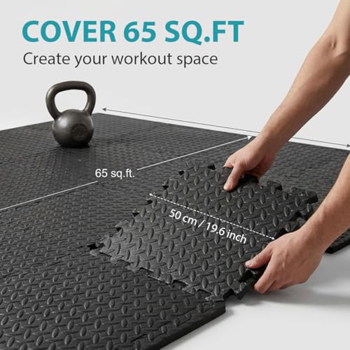 24 Tiles Interlocking EVA Foam Floor Tiles, Puzzle Exercise Mat, Home Gym and Garage Workout Mat, Black, 20 in x 20 in x 0.39 in, 64 Sq Ft (24, Black) - color: Black