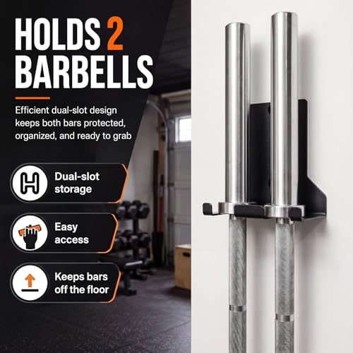 Hicarer Wall Mounted Alloy Steel Barbell Hanger Max Load up to 150 Lbs Heavy Duty Garage Gym Bar Vertical Wall Rack 2 Bar Holder for Commercial Gym or Home Space Saving, Black